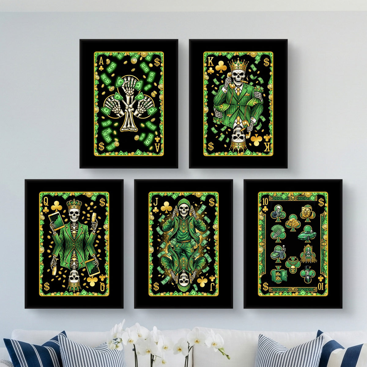 Skeleton Money Clubs Royal Flush framed set in a bright living room