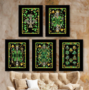 Skeleton Money Clubs Royal Flush framed set on a warm clay lounge wall