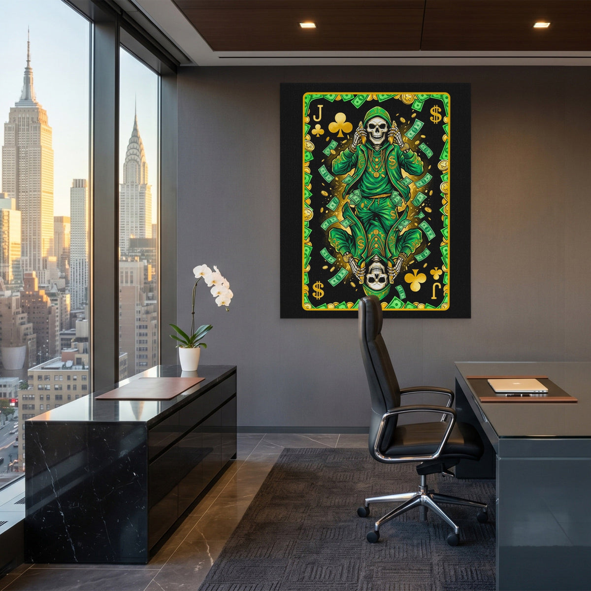 Skeleton Money Jack of Clubs Card canvas wall art, room view