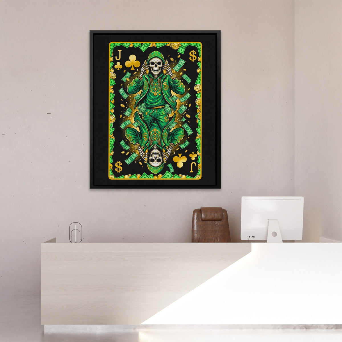 Skeleton Money Jack of Clubs Card canvas wall art, room view