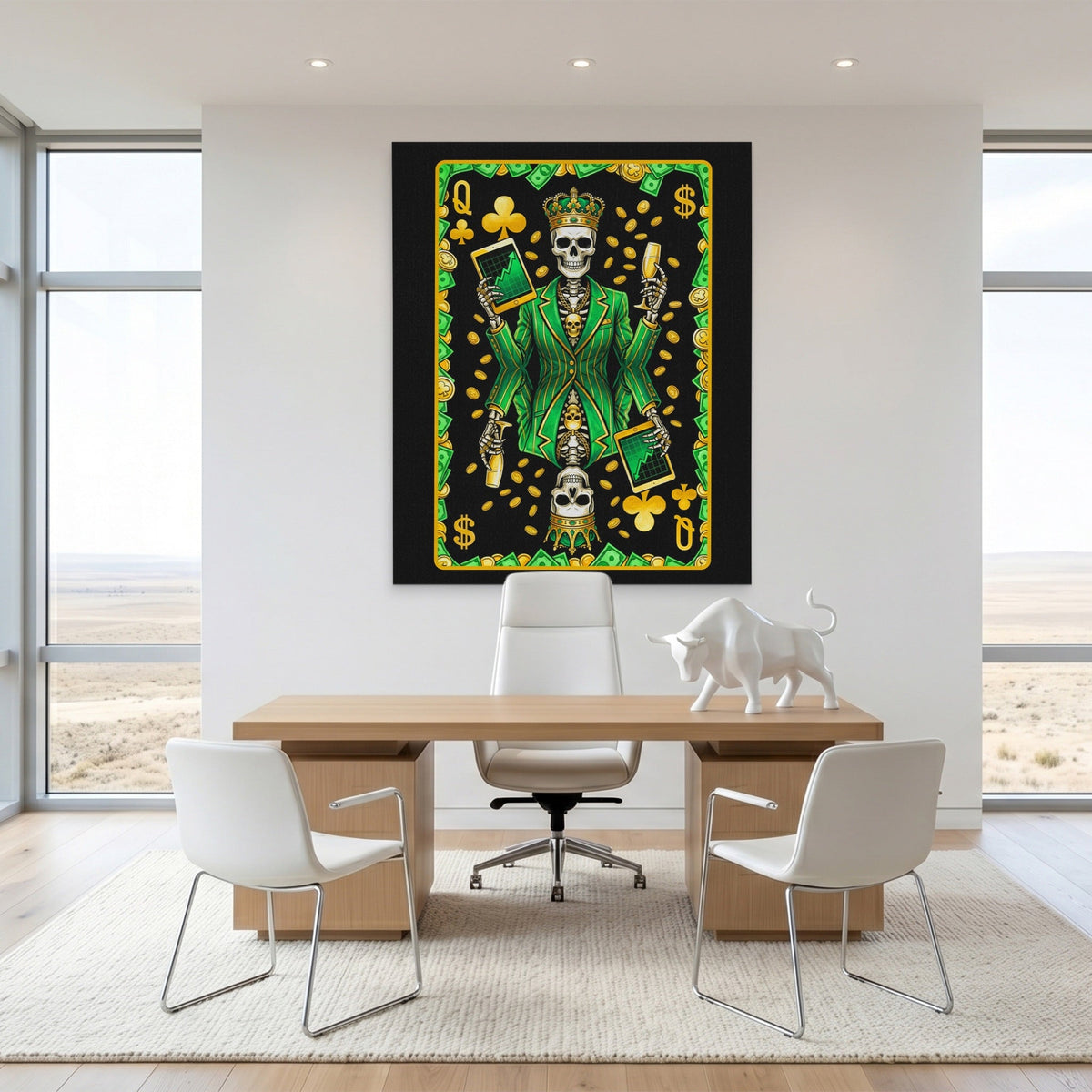 Skeleton Money Queen of Clubs Card canvas wall art, room view