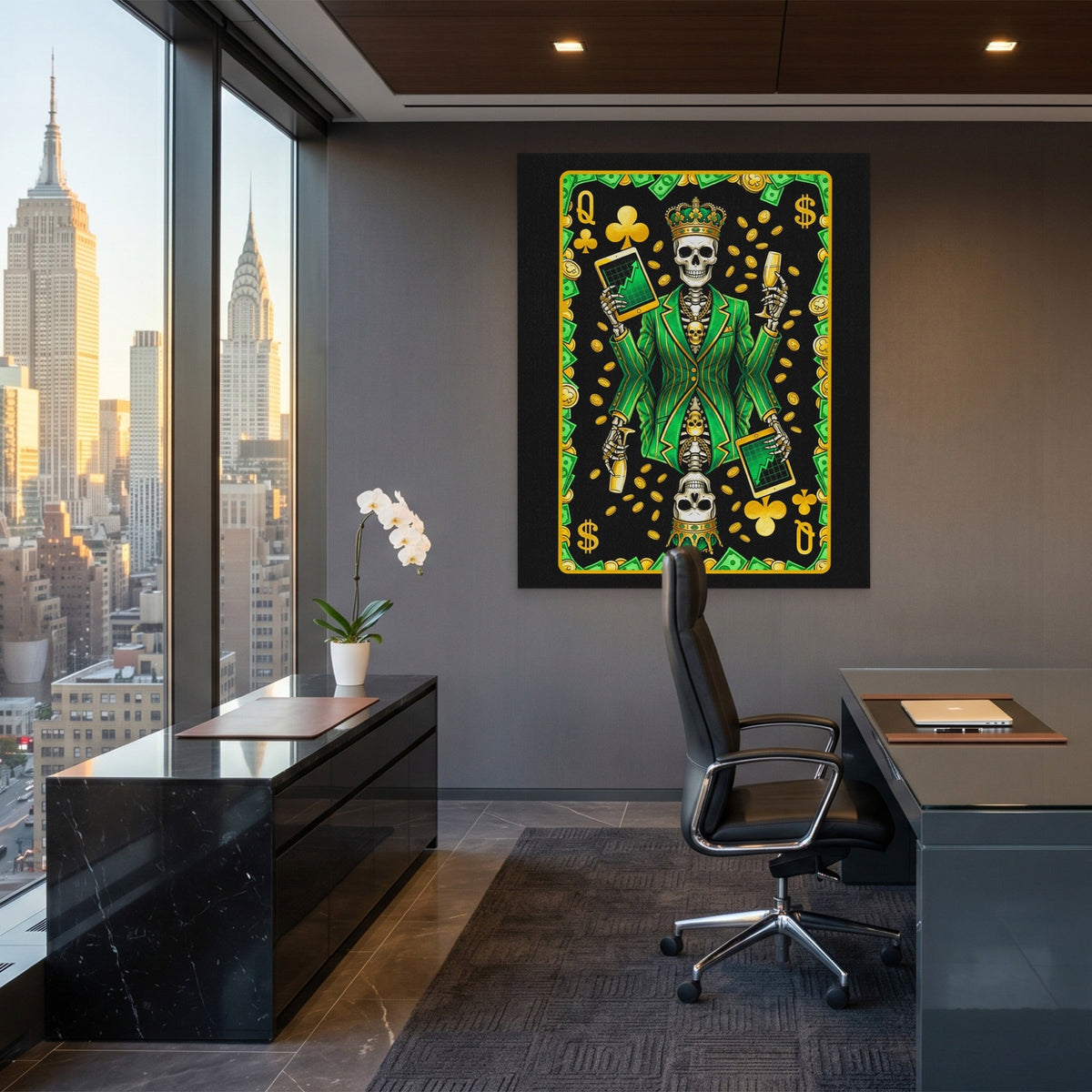 Skeleton Money Queen of Clubs Card canvas wall art, room view