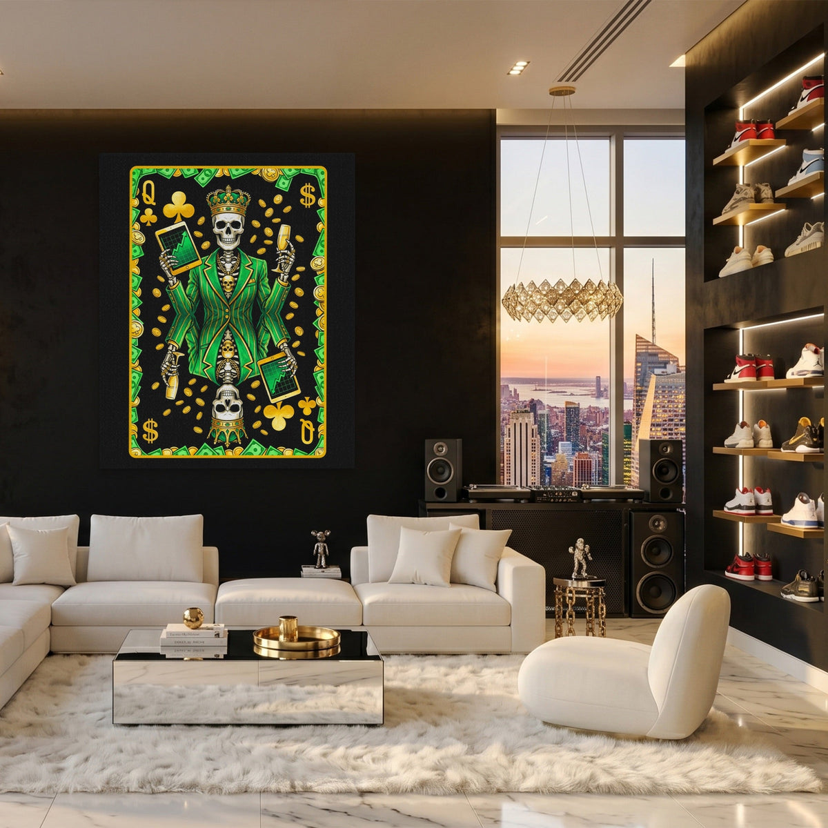 Skeleton Money Queen of Clubs Card canvas wall art, room view