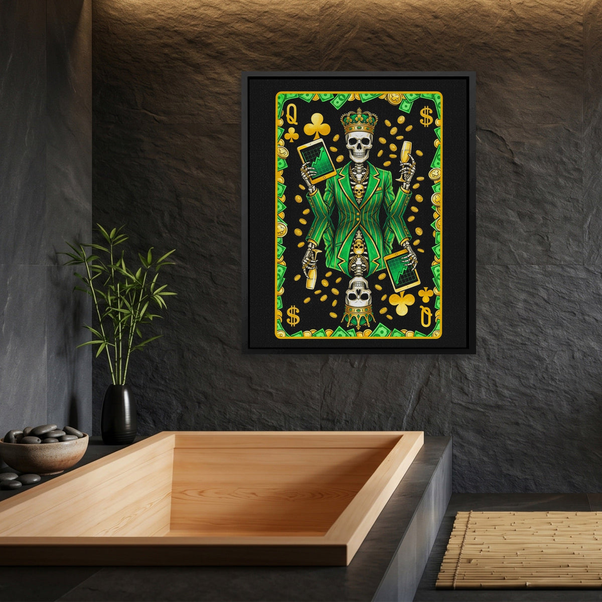 Skeleton Money Queen of Clubs Card canvas wall art, room view
