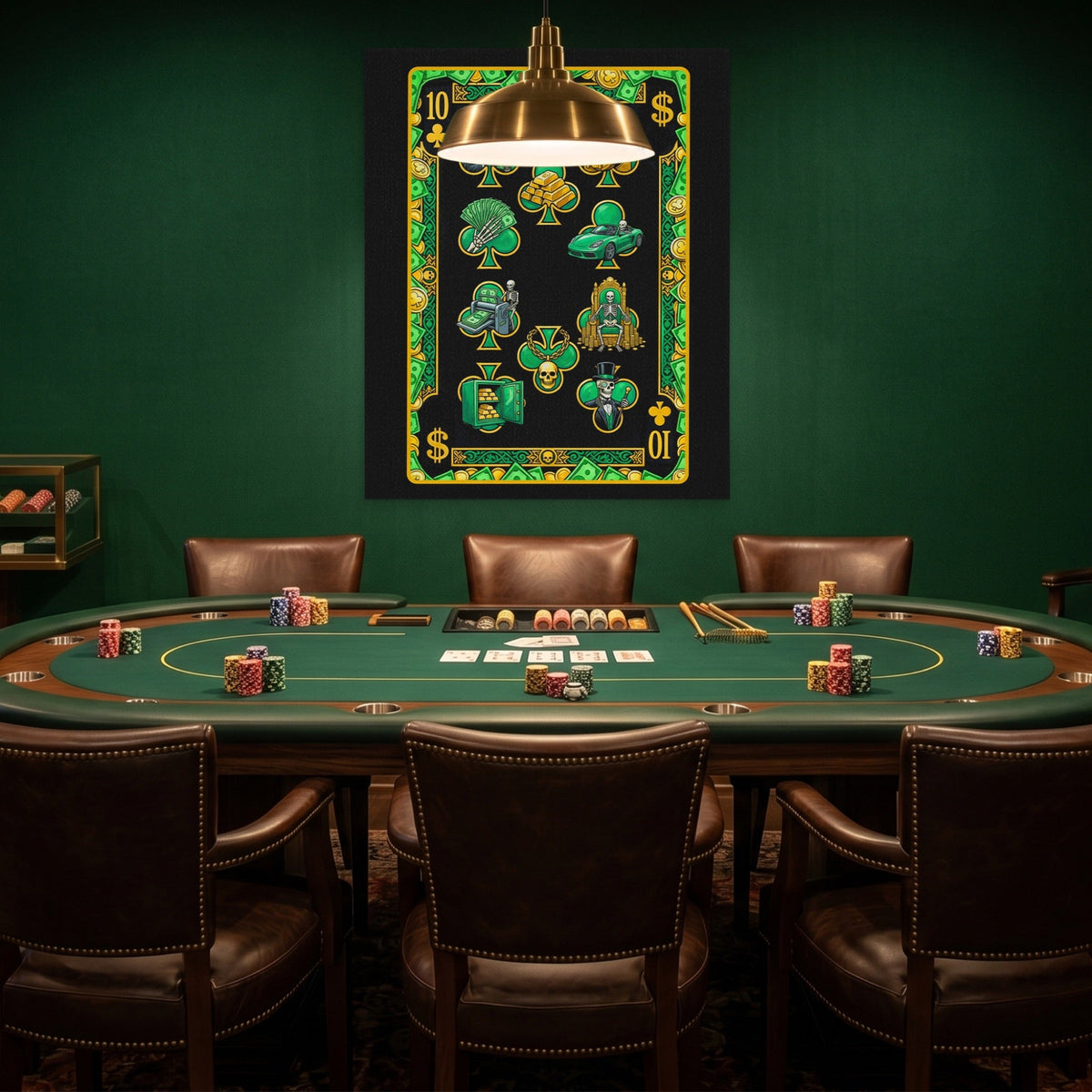 Skeleton Money Ten of Clubs Card canvas wall art, room view