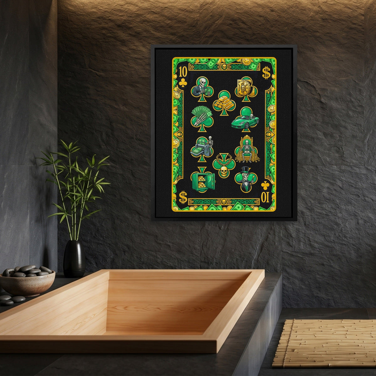 Skeleton Money Ten of Clubs Card canvas wall art, room view