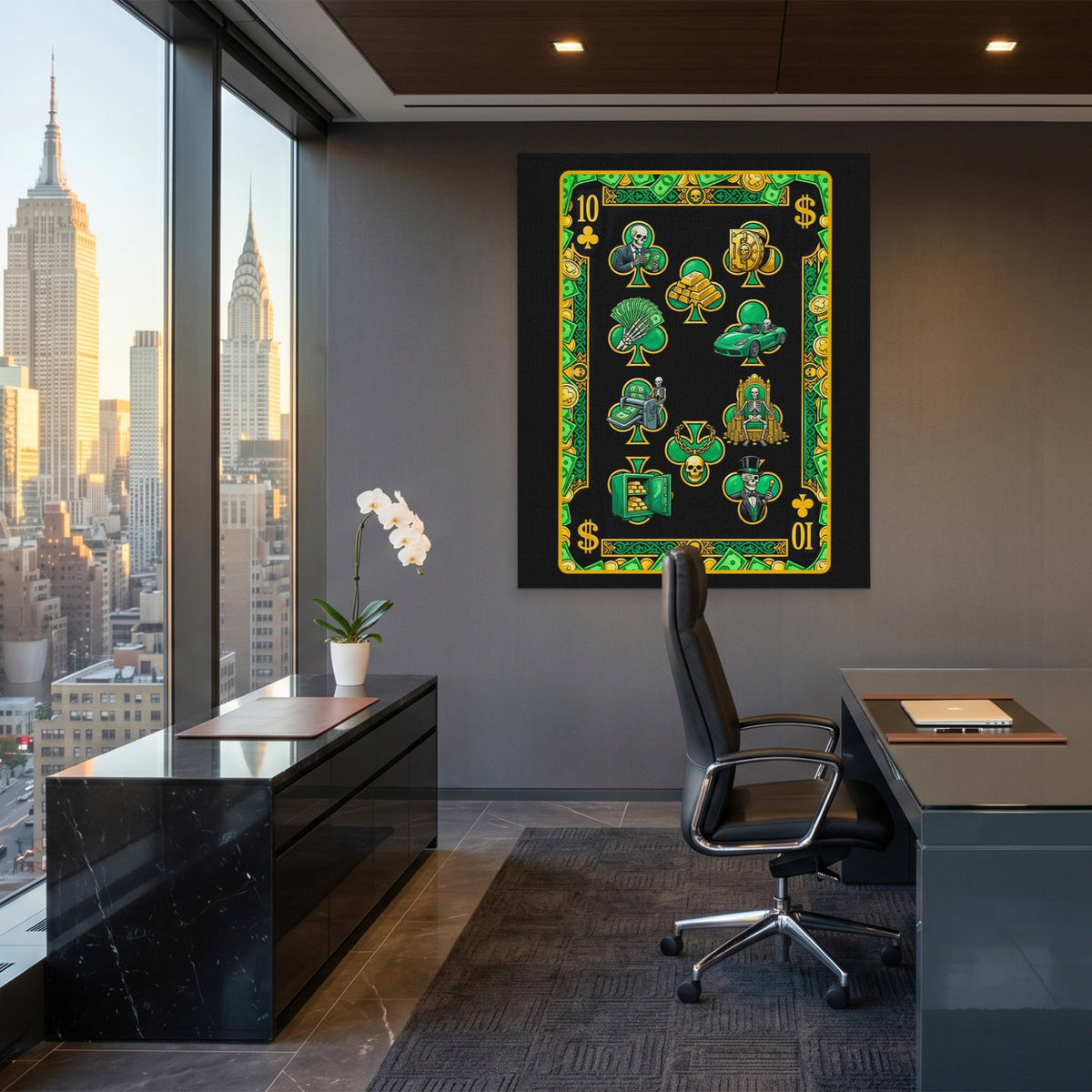 Skeleton Money Ten of Clubs Card canvas wall art, room view