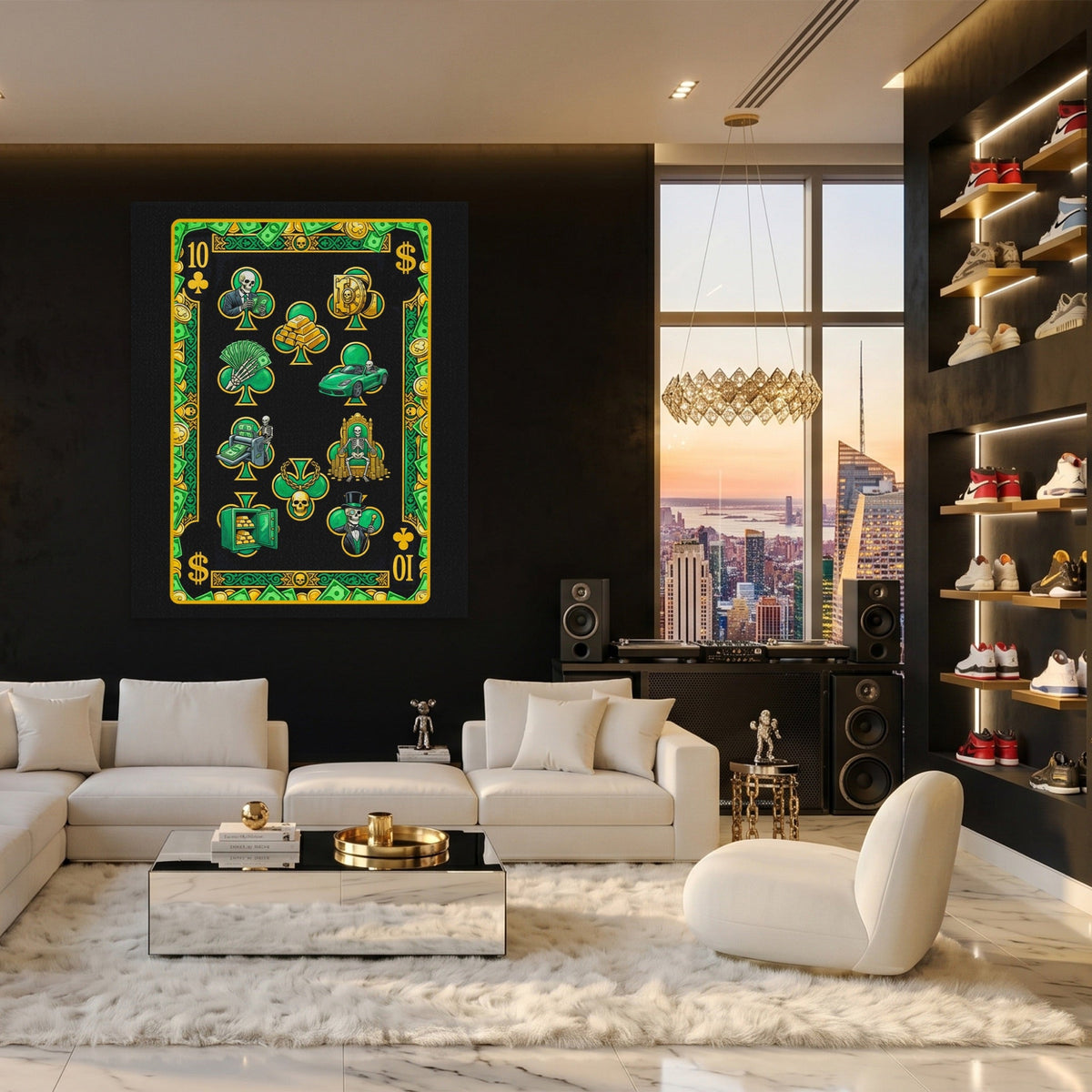 Skeleton Money Ten of Clubs Card canvas wall art, room view