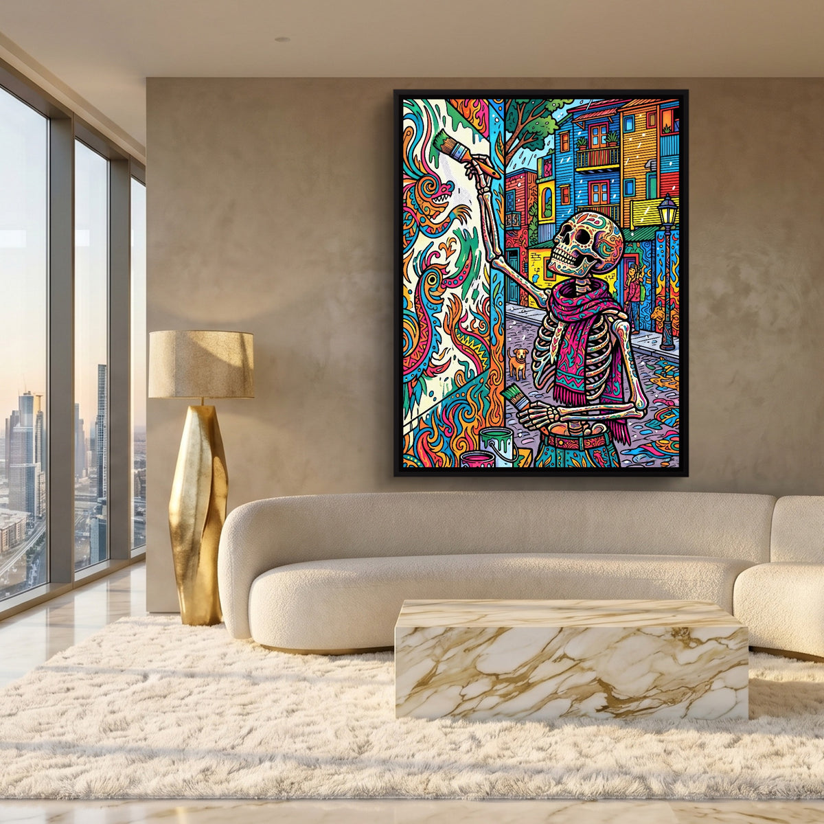 Skeleton Muralist — skeleton muralist sq white gold lux 1port framed black