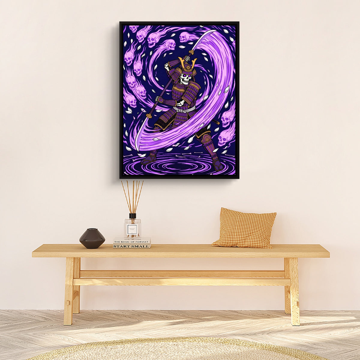 Skeleton Samurai Ascension — skeleton samurai ascension sq hallway bench white wall 1port framed black