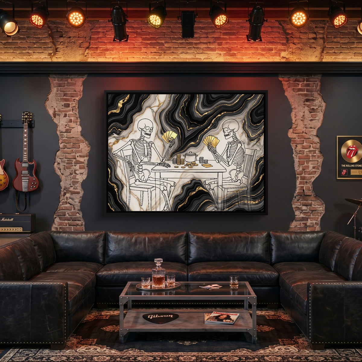 Skeletons Golden Game — skeletons golden game sq man cave guitar 1land framed black