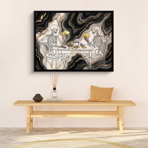 Skeletons Golden Game — skeletons golden game sq hallway bench white wall 1land framed black