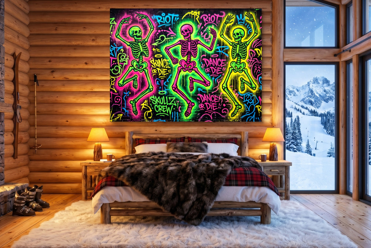 Skeletons Neon Dance — skeletons neon dance bedroom with fireplace 1land flush print