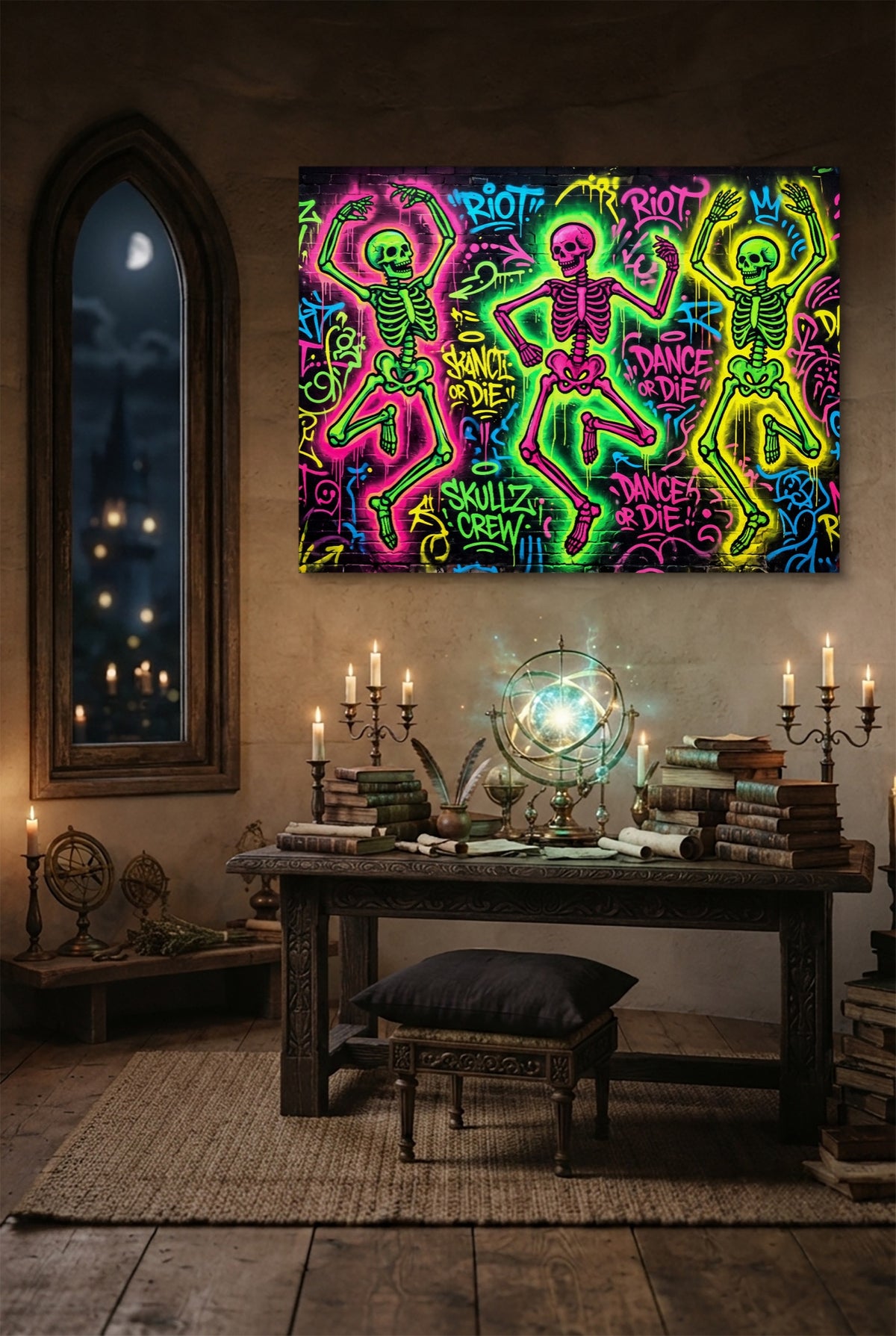 Skeletons Neon Dance — skeletons neon dance p desk with globe and books 1land flush print