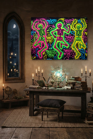 Skeletons Neon Dance — skeletons neon dance p desk with globe and books 1land flush print
