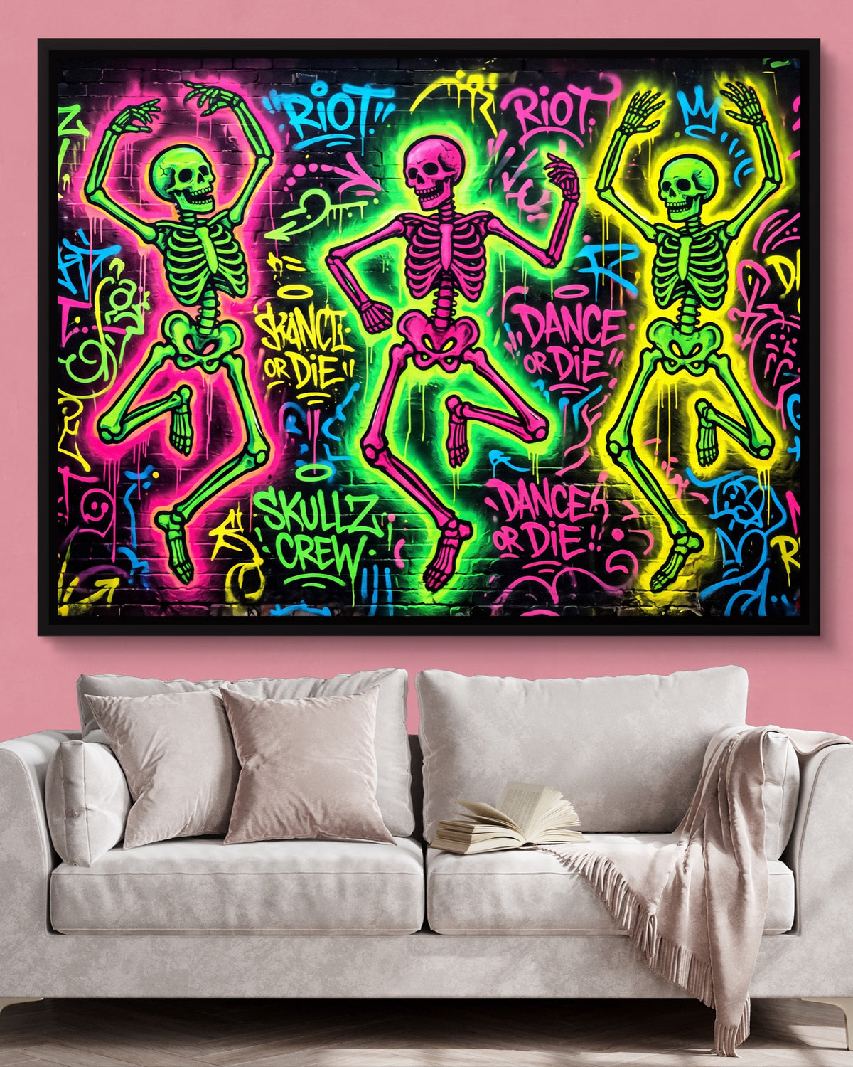 Skeletons Neon Dance — skeletons neon dance psd pink wall pink couch 1land framed black