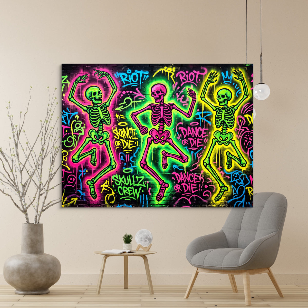 Skeletons Neon Dance — skeletons neon dance sq beige wall 1land flush print