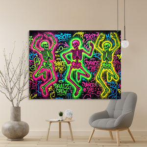 Skeletons Neon Dance — skeletons neon dance sq beige wall 1land flush print