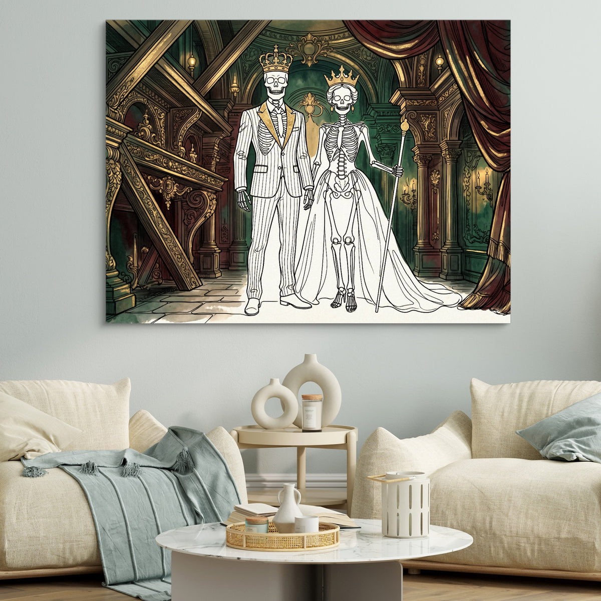 Skeletons Royal Couple — skeletons royal couple sq white couches 1land flush print