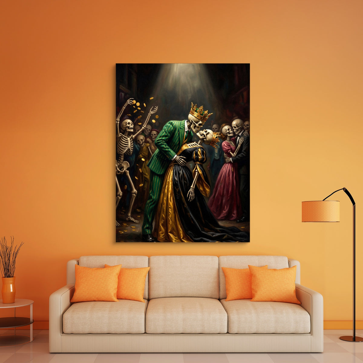 Skeletons' Royal Kiss — skeletons' royal kiss sq orange room 1port flush print