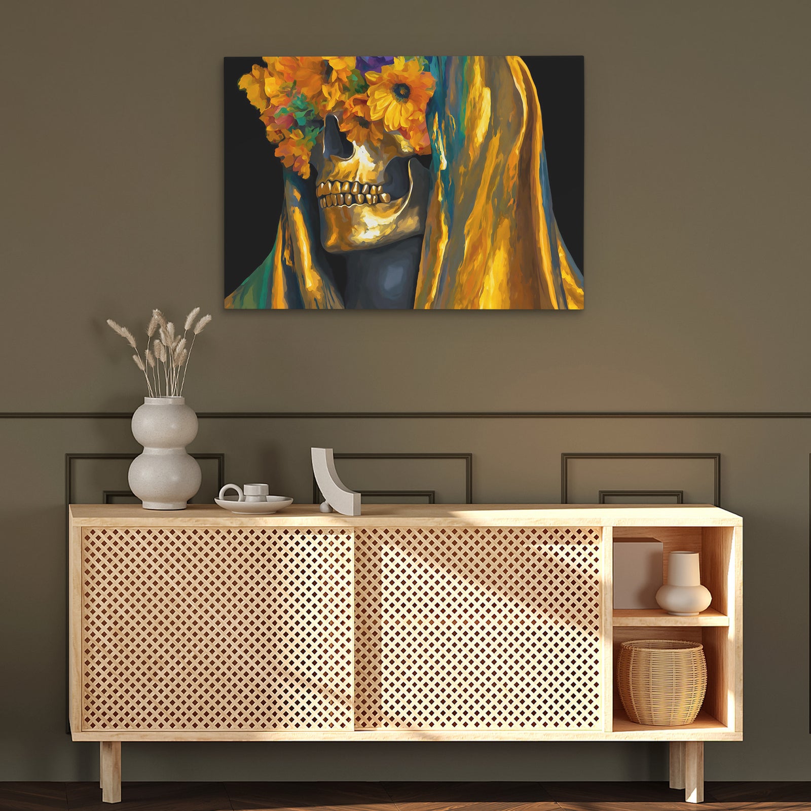 Skulls Marigold Crown - Luxury Wall Art