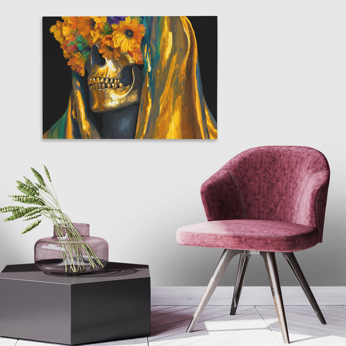 Skulls Marigold Crown - Luxury Wall Art