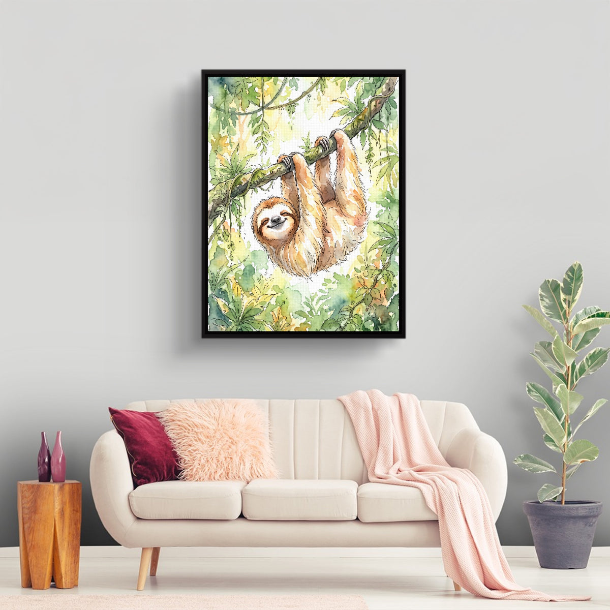 Sloth Watercolor — sloth watercolor sq land nice living room 1port framed black