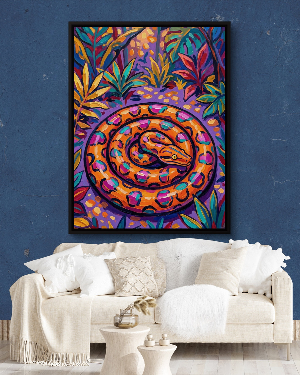 Snake Tropical Hues — snake tropical hues psd navy wall white lux couch 1port framed black