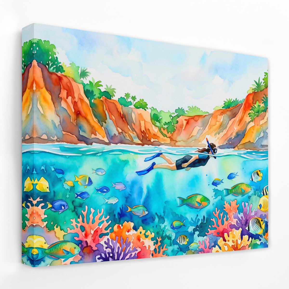 Snorkeler Coral Reef — Snorkeler Coral Reef Landscape   Side View   Mirror Wrap 206