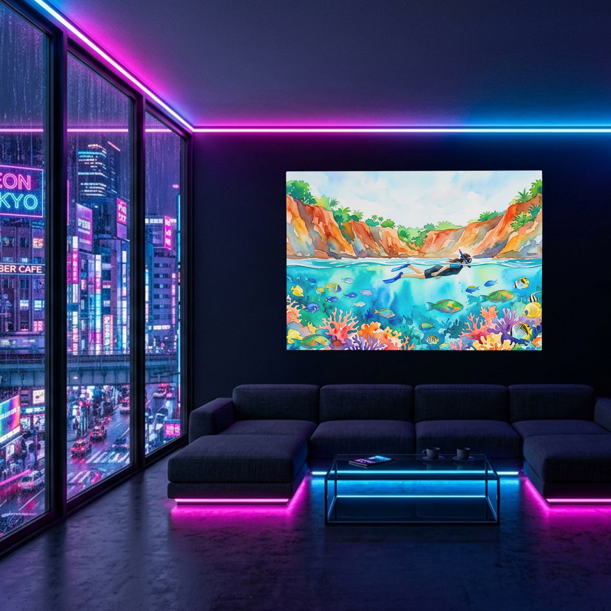 Snorkeler Coral Reef — Snorkeler Coral Reef Blue Pink Neon Room Land 38