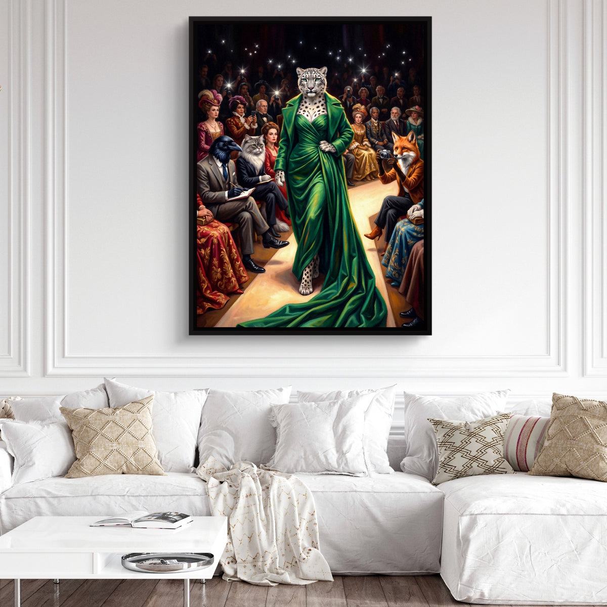 Snow Leopard Runway — snow leopard runway sq white couch and wall 1port framed black
