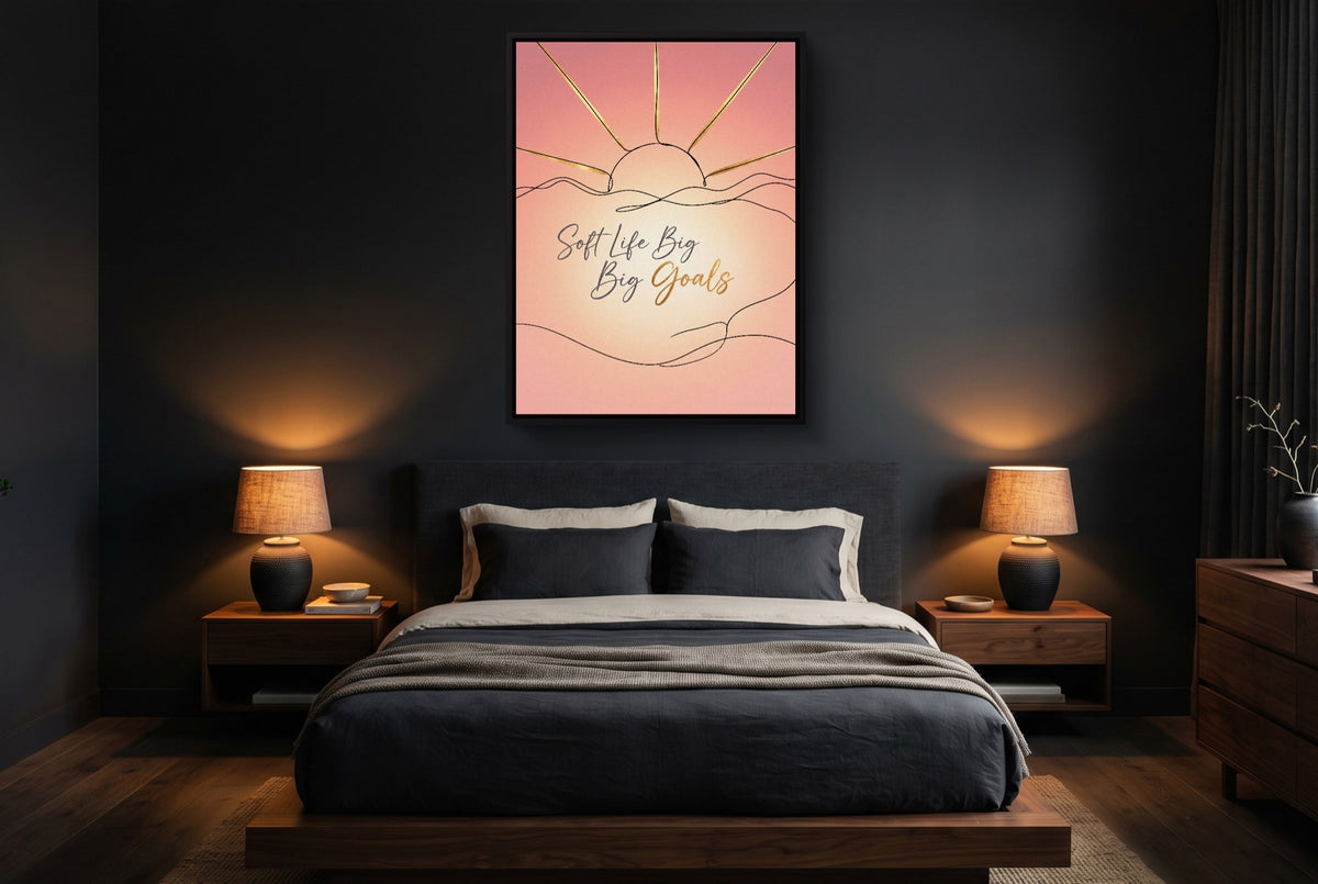 Soft Golden Sunrise — soft golden sunrise bedroom with dark walls 1port framed black