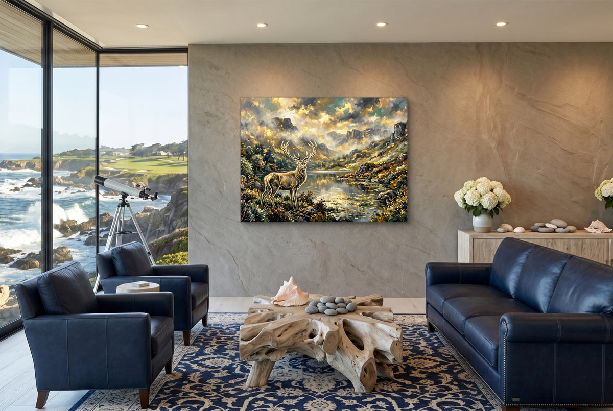 Stag Golden Lake — stag golden lake living room with ocean view 1land flush print