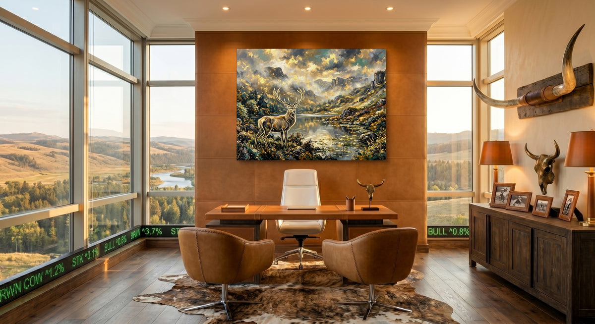 Stag Golden Lake — stag golden lake office with desk and chairs 1land flush print