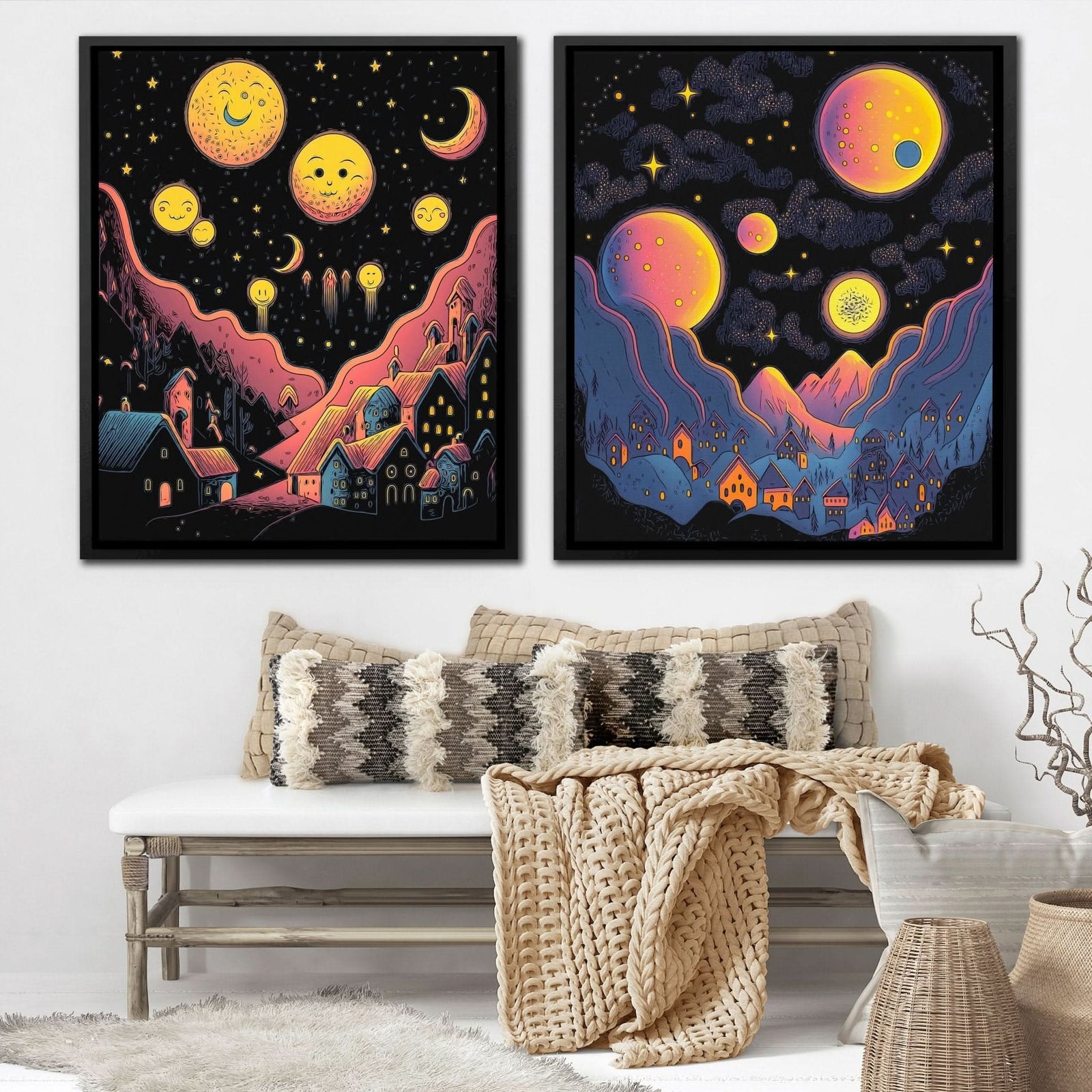 Starry Moon Cities (2) Set - Illustrations Canvas Wall Art