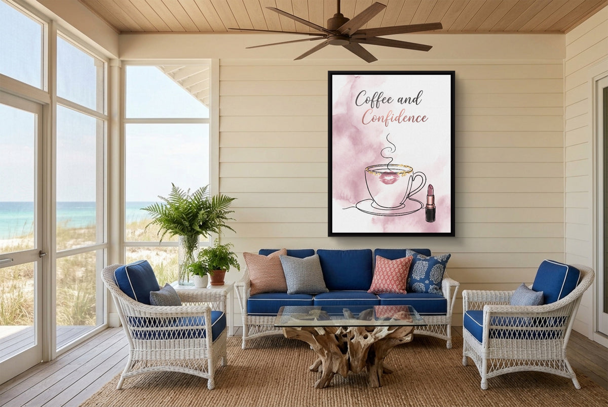 Steaming Coffee Confidence — steaming coffee confidence living room with couch 2 1port framed black