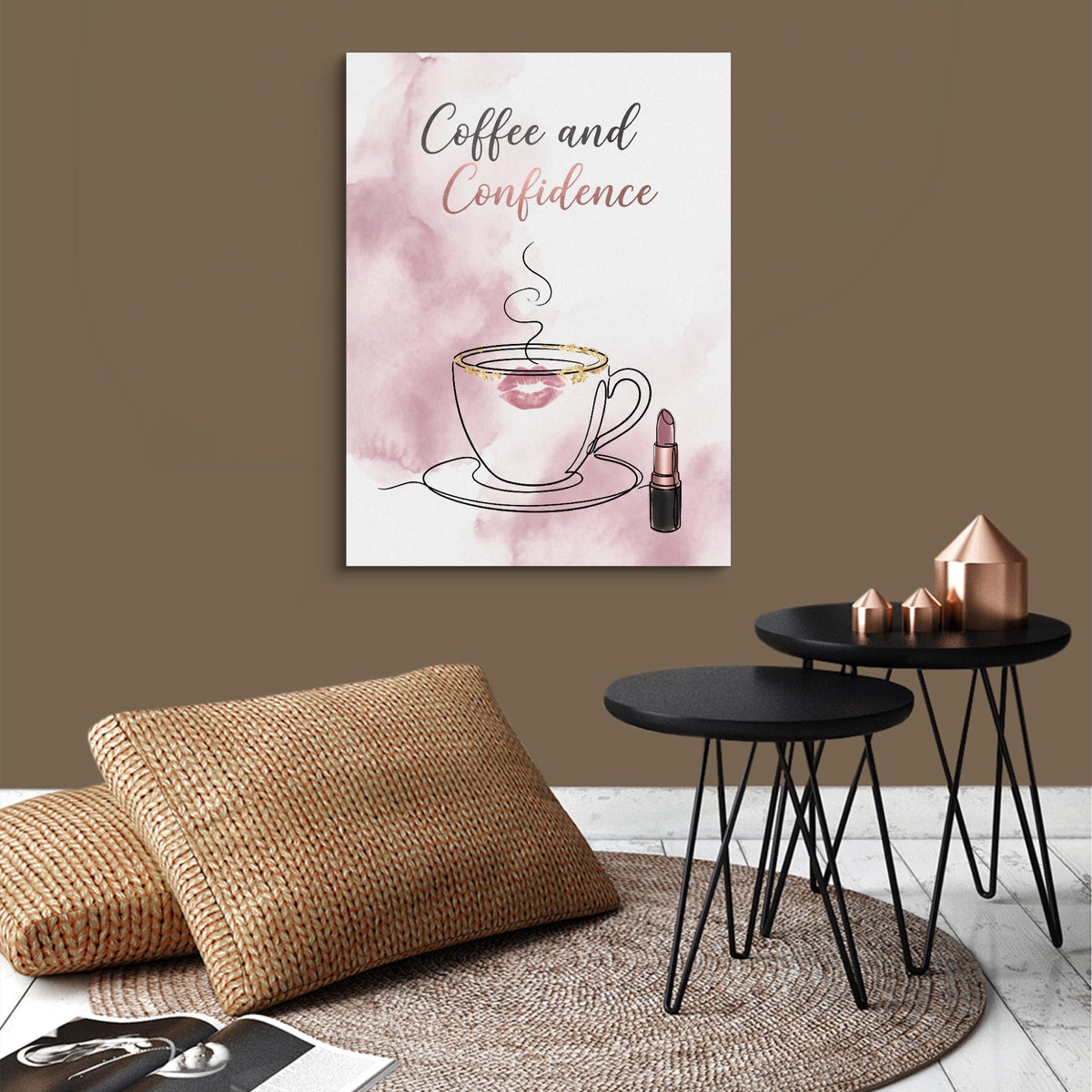 Steaming Coffee Confidence — steaming coffee confidence sq brown wallroom 1port flush print