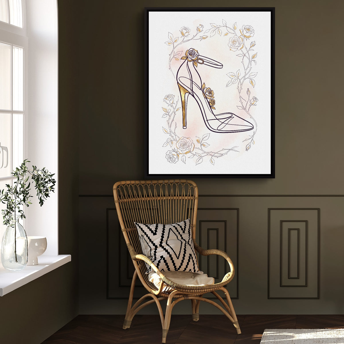 Stiletto Golden Roses — stiletto golden roses sq window chair wall 1port framed black
