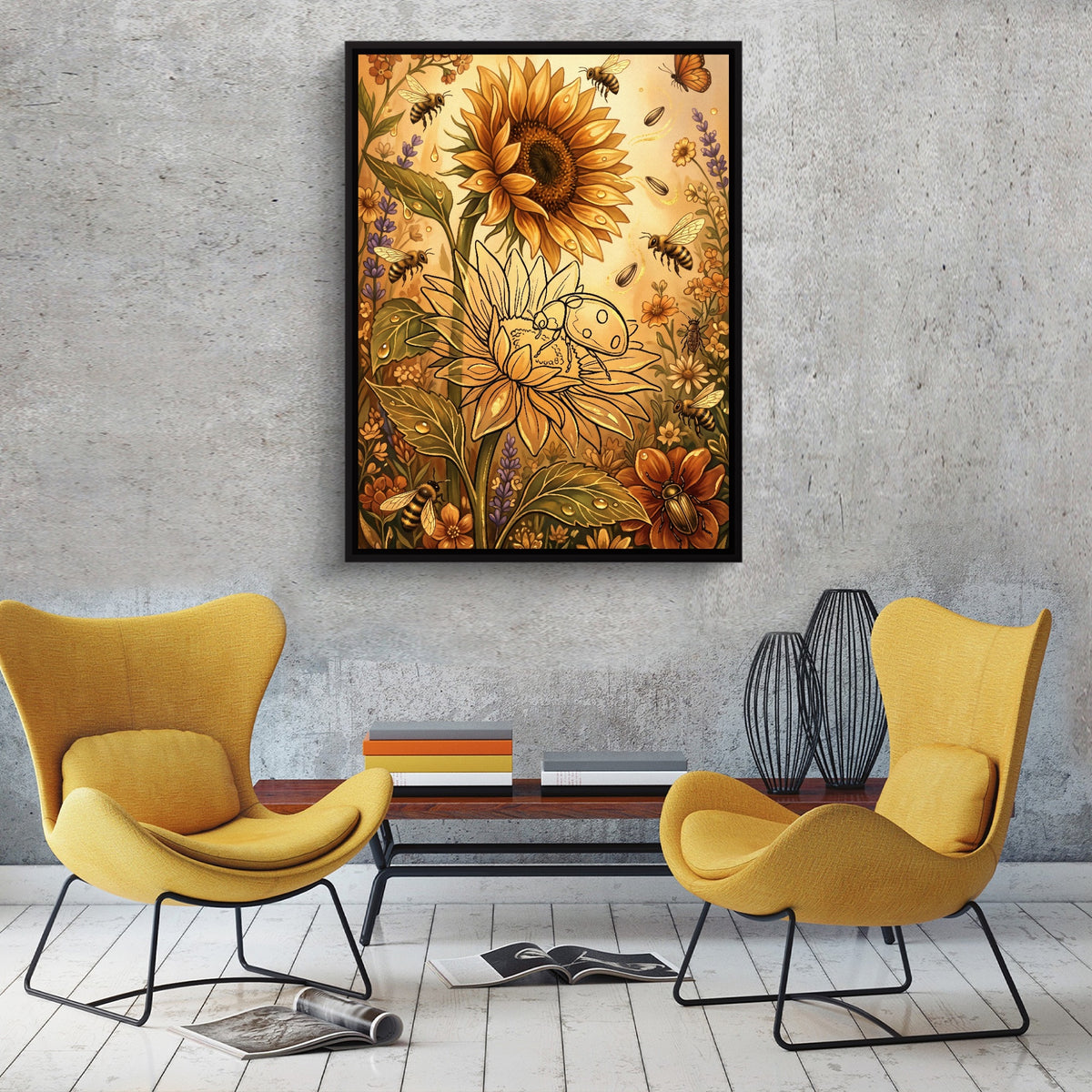 Sunflower Golden Meadow — sunflower golden meadow sq red chairs 1port framed black