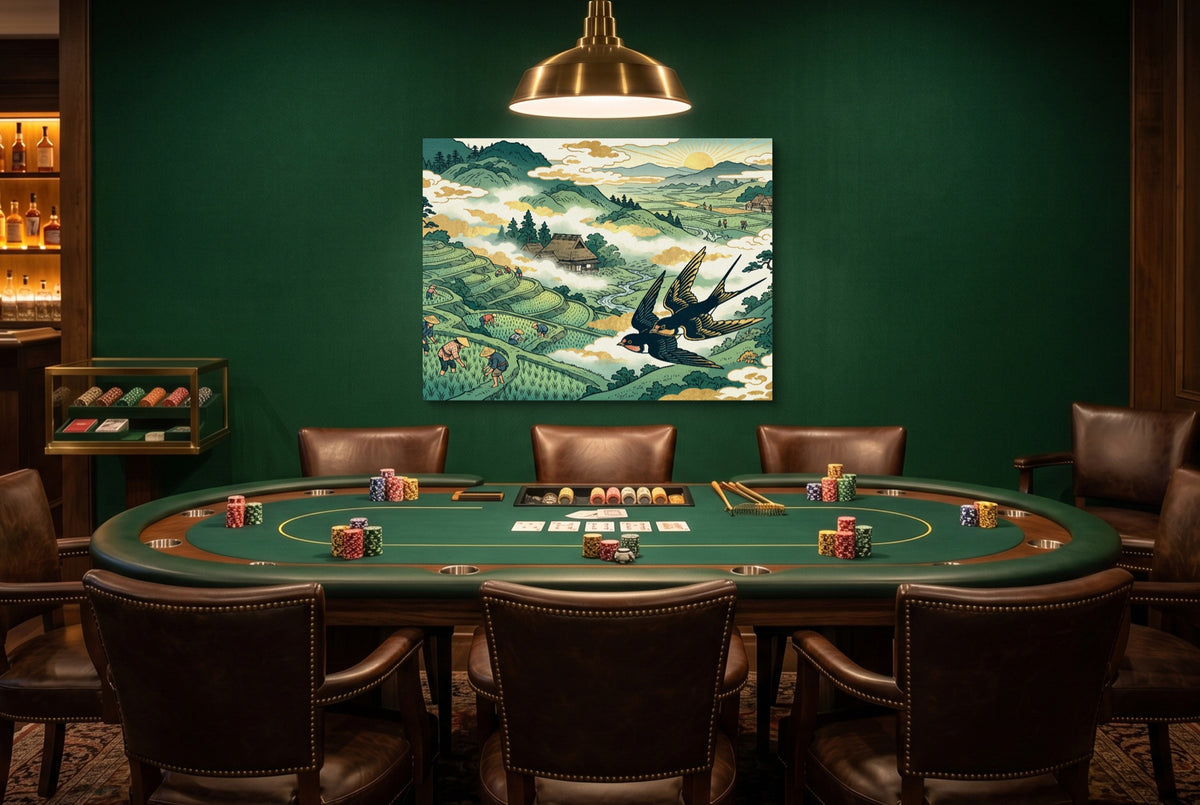 Swallows Golden Sunrise — swallows golden sunrise green table with chairs 1land flush print