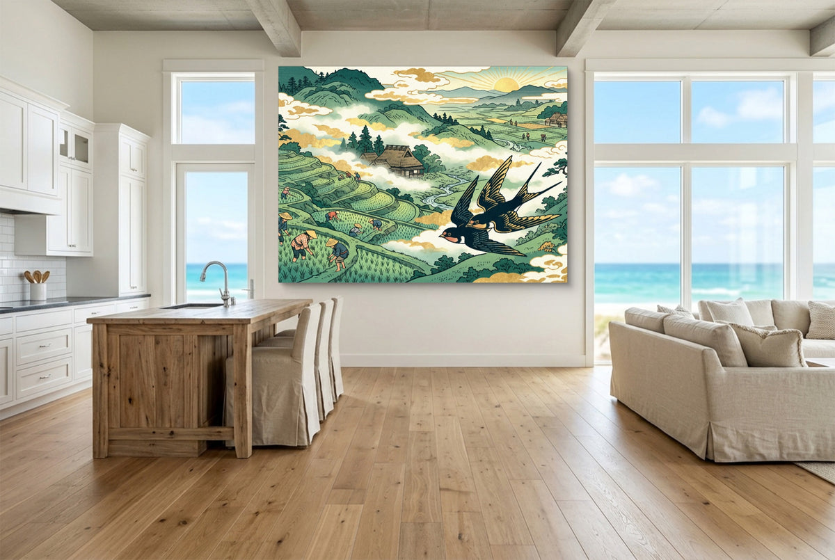 Swallows Golden Sunrise — swallows golden sunrise living room with ocean view 2 1land flush print
