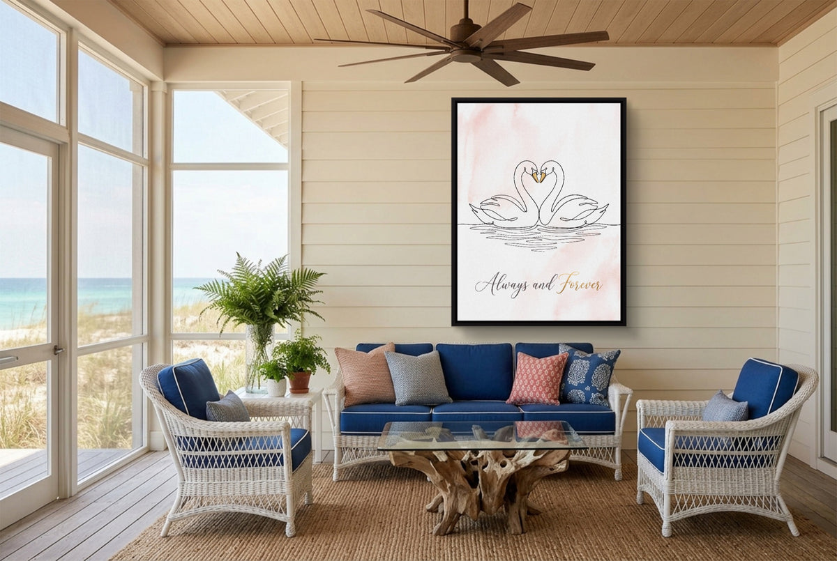 Swans Pink Heart — swans pink heart living room with couch 2 1port framed black