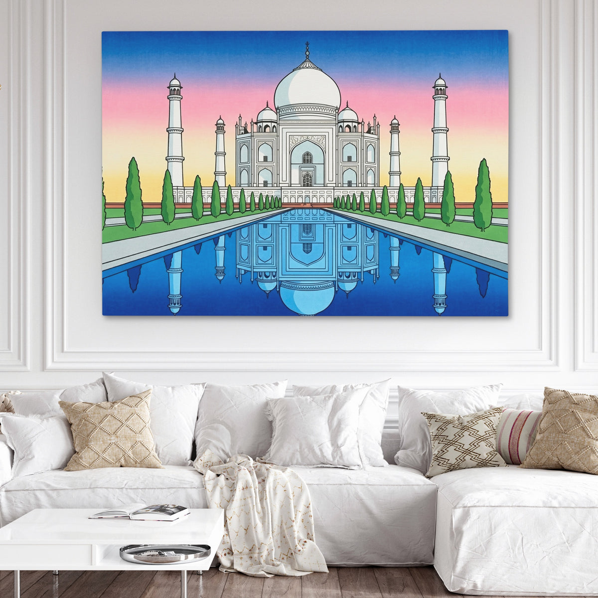 Taj Mahal Sunset Mirror — Taj Mahal Sunset Mirror White Couch and Wall 272