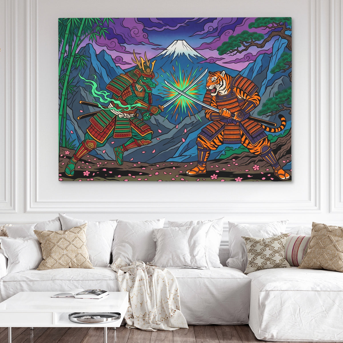 Tiger Dragon Duel — Tiger Dragon Duel White Couch and Wall 200