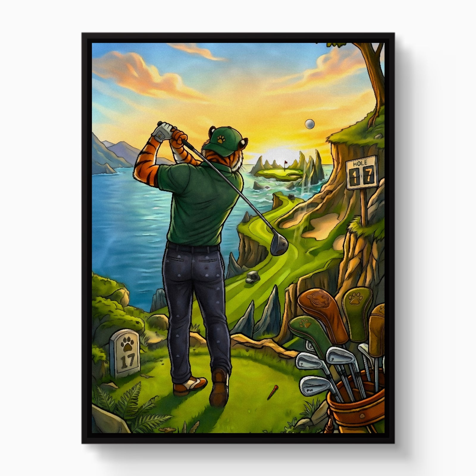 Tiger Golfing — tiger golfing white studio framed black