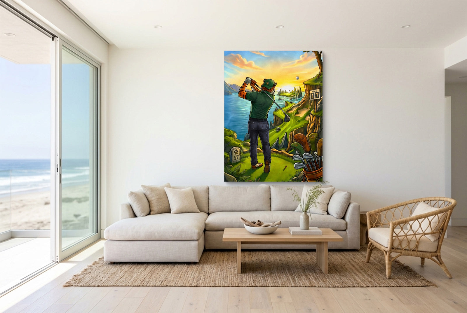 Tiger Golfing — tiger golfing white studio framed black