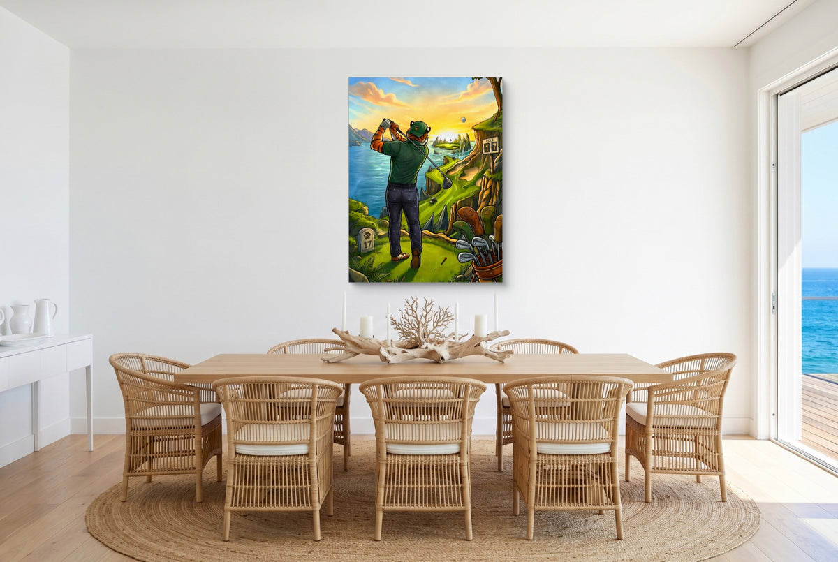 Tiger Golfing — tiger golfing small dining room with ocean view 1port flush print