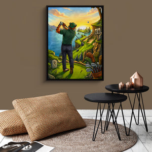 Tiger Golfing — tiger golfing sq brown wallroom 1port framed black