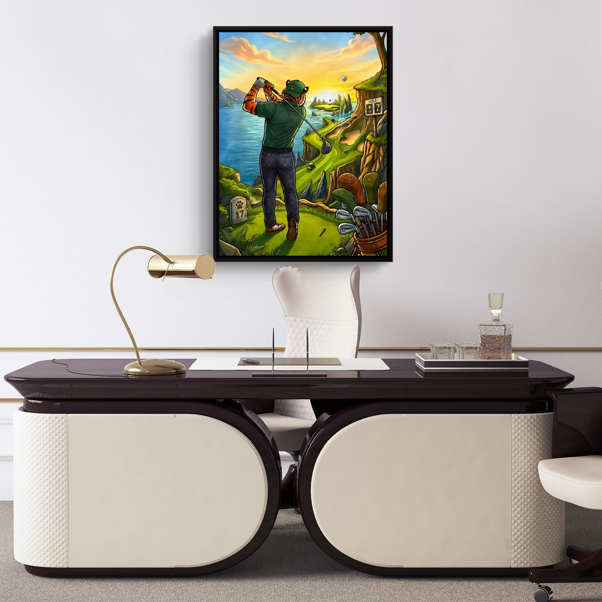 Tiger Golfing — tiger golfing sq luxury office desk 1port framed black