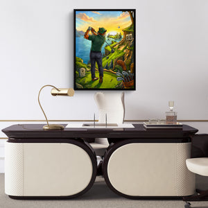 Tiger Golfing — tiger golfing sq luxury office desk 1port framed black